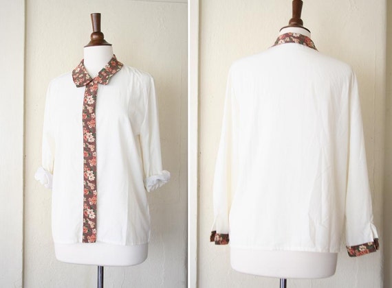 vintage FLORAL collar detail white blouse - image 3