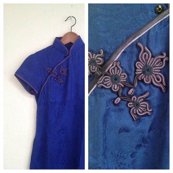 Vintage blue silk cheongsam sz S - image 1