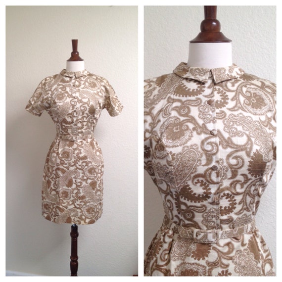 Vintage 1960s brown belted mock neck paisley dress