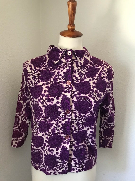 Vintage purple floral long sleeve collared 50s to… - image 5