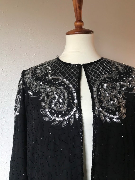 Vintage sequined black silk cardigan jacket medium - image 8