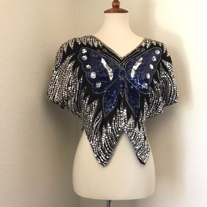 Vintage silk navy sequined butterfly 80s top image 6