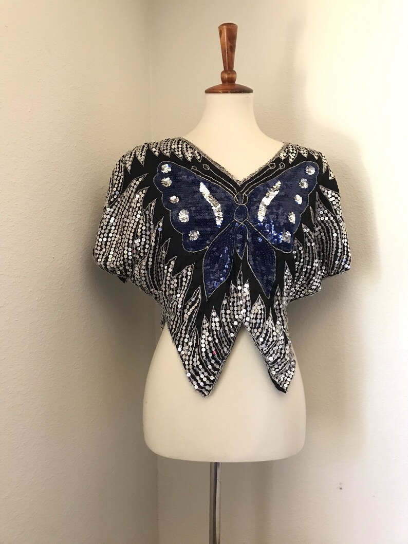 Vintage silk navy sequined butterfly 80s top image 6