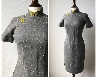 vintage grey wool qipao with yellow polka dots sz xs