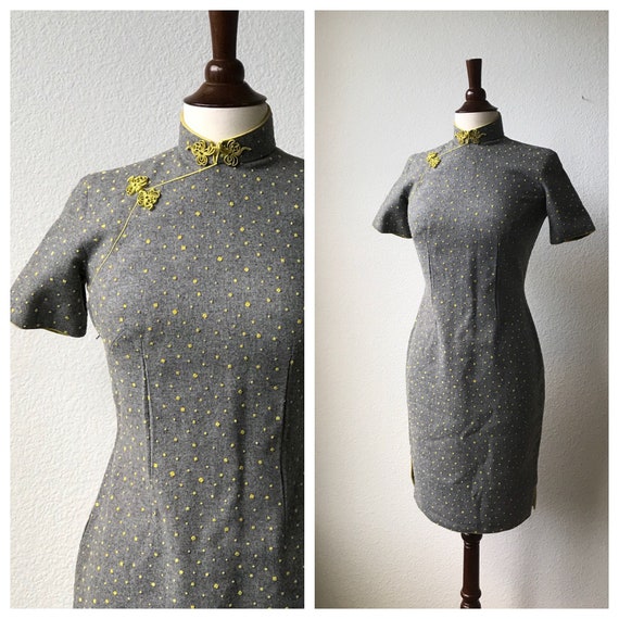 vintage grey qipao with yellow polka dots sz xs