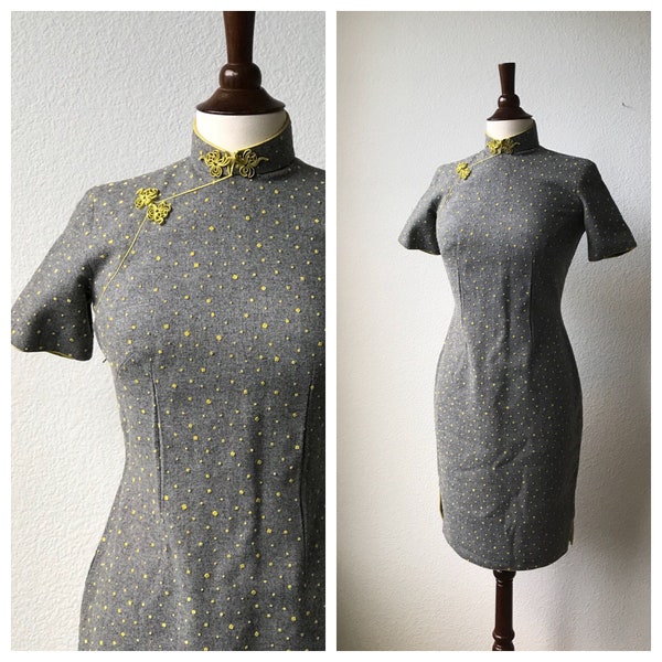 Qipao en laine grise vintage à pois jaunes SZ XS