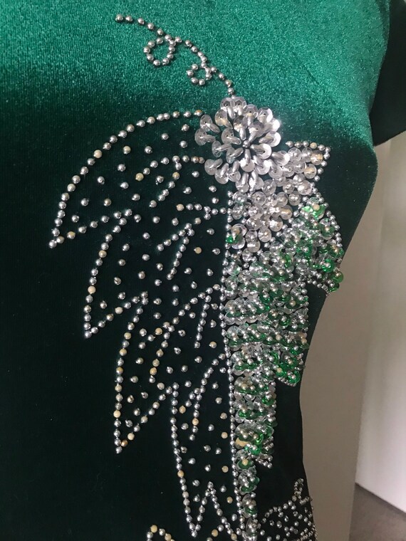 Vintage velvet green sequined qipao cheongsam sz … - image 4