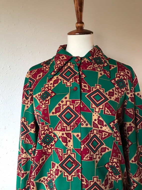 Vintage 70s groovy green patterned polyester long… - image 3