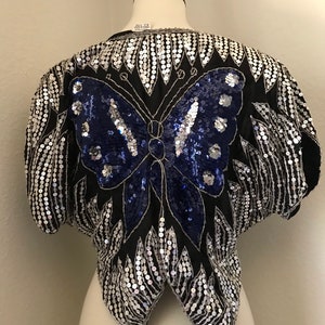 Vintage silk navy sequined butterfly 80s top image 8