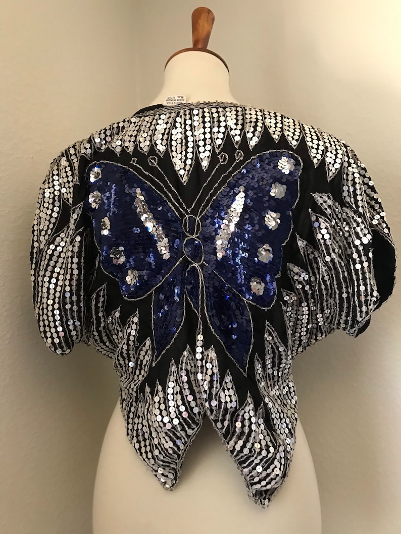 Vintage silk navy sequined butterfly 80s top image 8