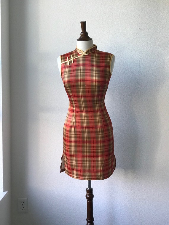 Vintage orange plaid qipao dress  sz XS 1960s - image 6