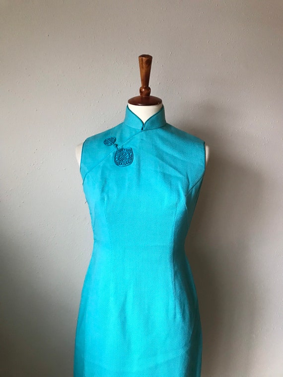 Vintage wool teal blue cheongsam size small - image 5