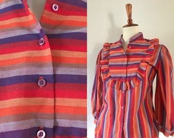 Vintage red Orange purple striped ruffle puff sleeve blouse size small