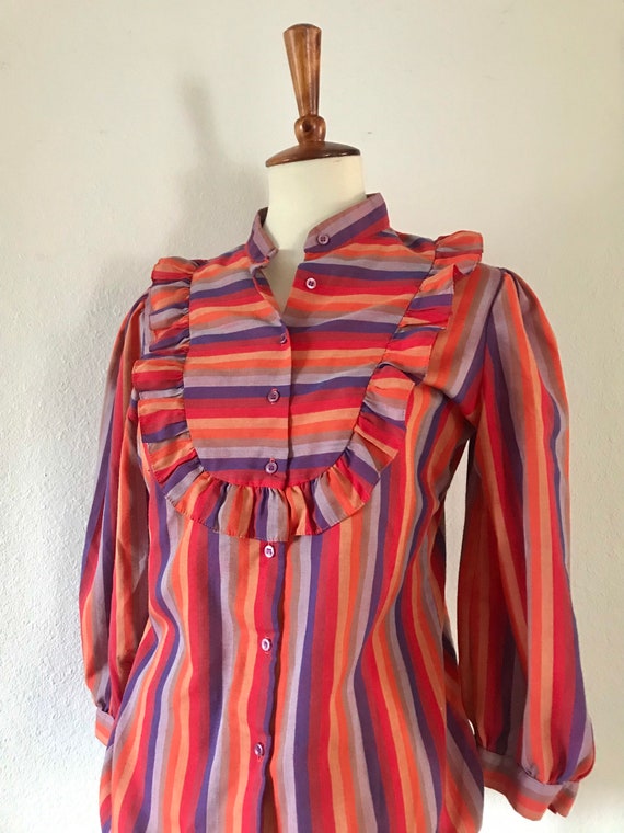 Vintage red Orange purple striped ruffle puff sle… - image 5