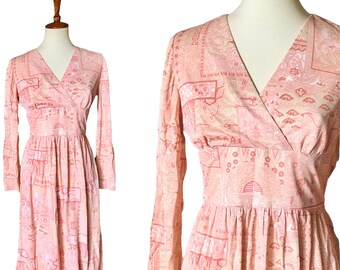 Vintage handmade pink long sleeve dress with oriental print size small