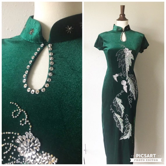 Vintage velvet green sequined qipao sz xs