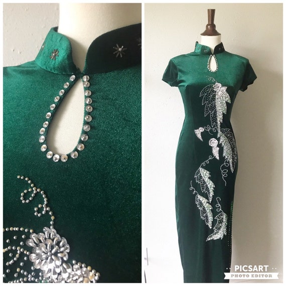 Vintage velvet green sequined qipao cheongsam sz … - image 1