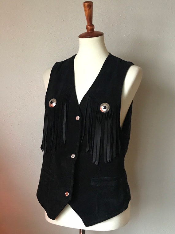 Vintage black leather fringe cowboy vest for women si… Gem