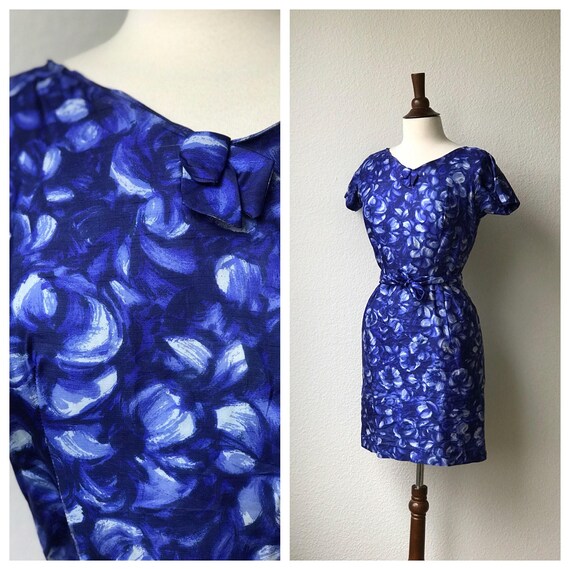 vintage 1950s blue silk watercolor day dress - image 1