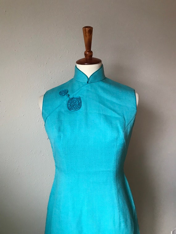 Vintage wool teal blue cheongsam size small - image 2