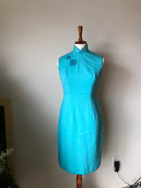 Vintage wool teal blue cheongsam size small - image 3