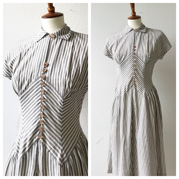 Vintage grey 1940s striped chevron collar dress s… - image 1