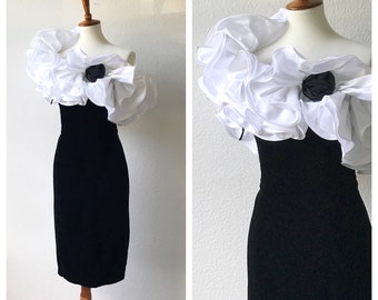 Vintage ruffle one shoulder black velvet wiggle dress sz xs