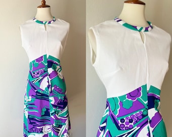 Vintage 60s teal purple sleeveless keyhole mod dress small to medium