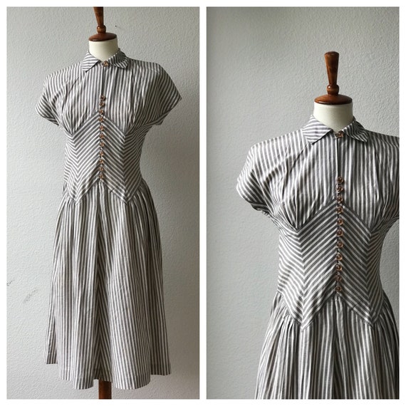 Vintage grey 1940s striped chevron collar dress s… - image 5