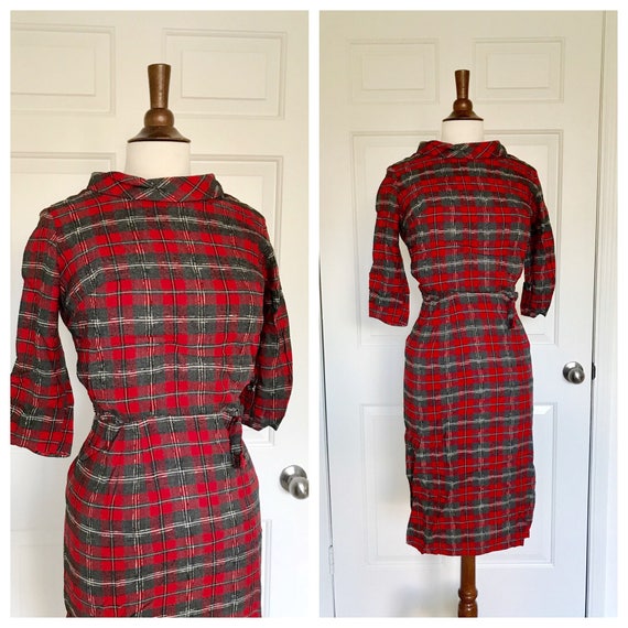 vintage Mad Men red PLAID wiggle dress - image 1