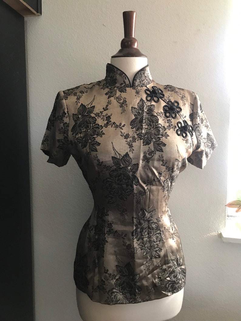 Vintage brown Chinese cheongsam top silky size medium image 2