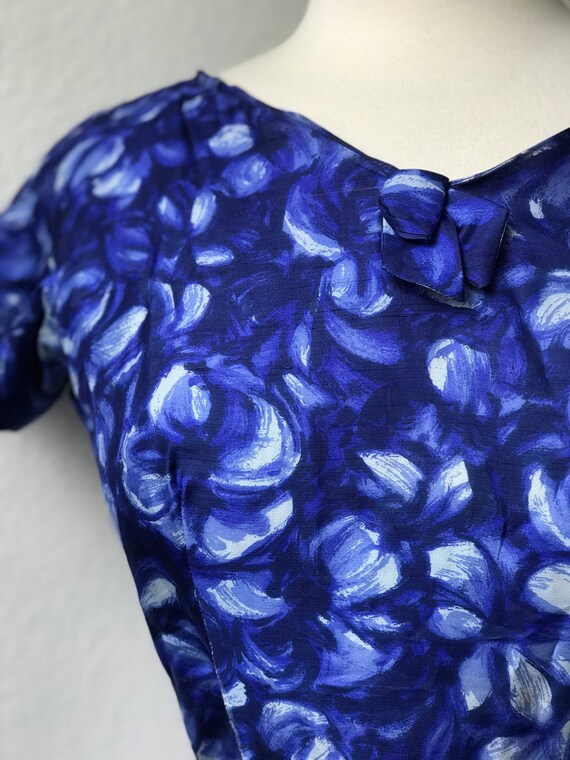 vintage 1950s blue silk watercolor day dress - image 2