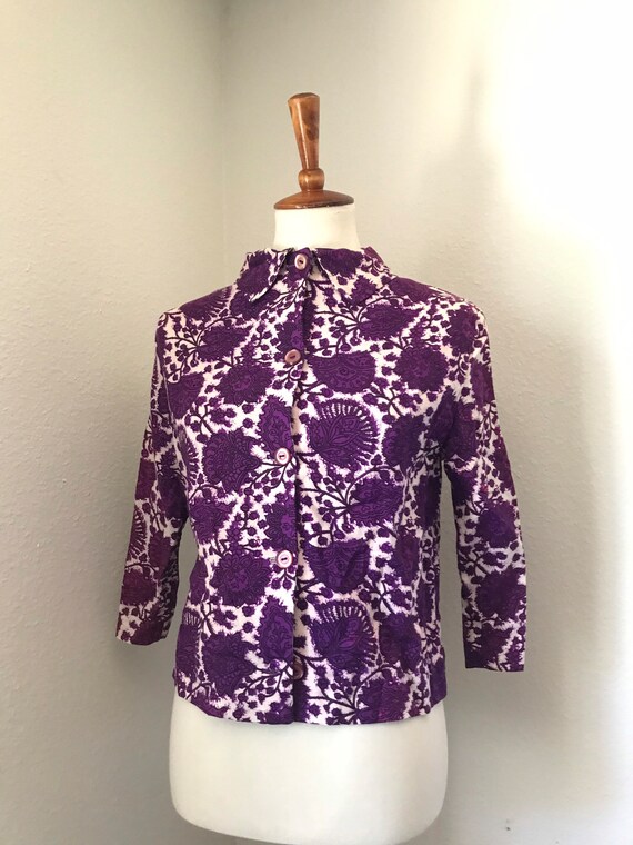 Vintage purple floral long sleeve collared 50s to… - image 2