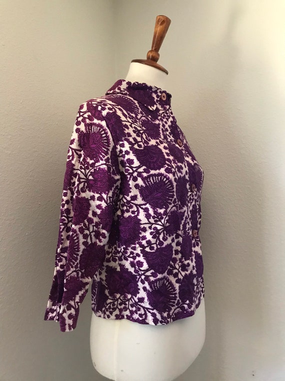 Vintage purple floral long sleeve collared 50s to… - image 4