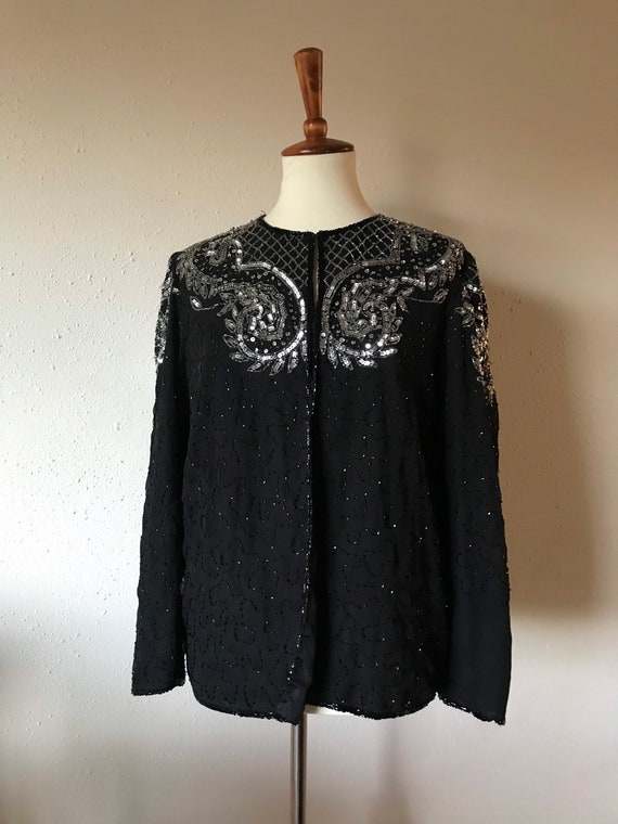 Vintage sequined black silk cardigan jacket medium - image 5