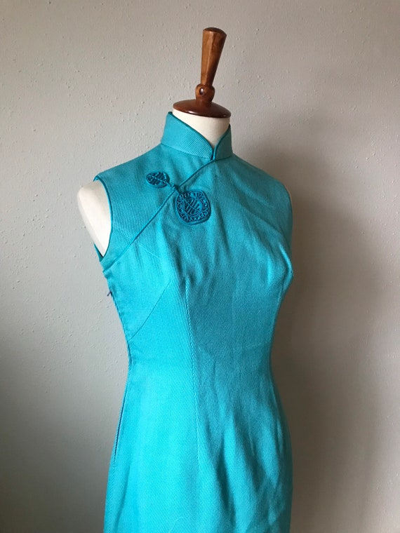 Vintage wool teal blue cheongsam size small - image 8