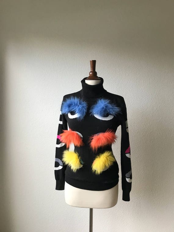 kitschy black turtleneck sweater with colorful fu… - image 5