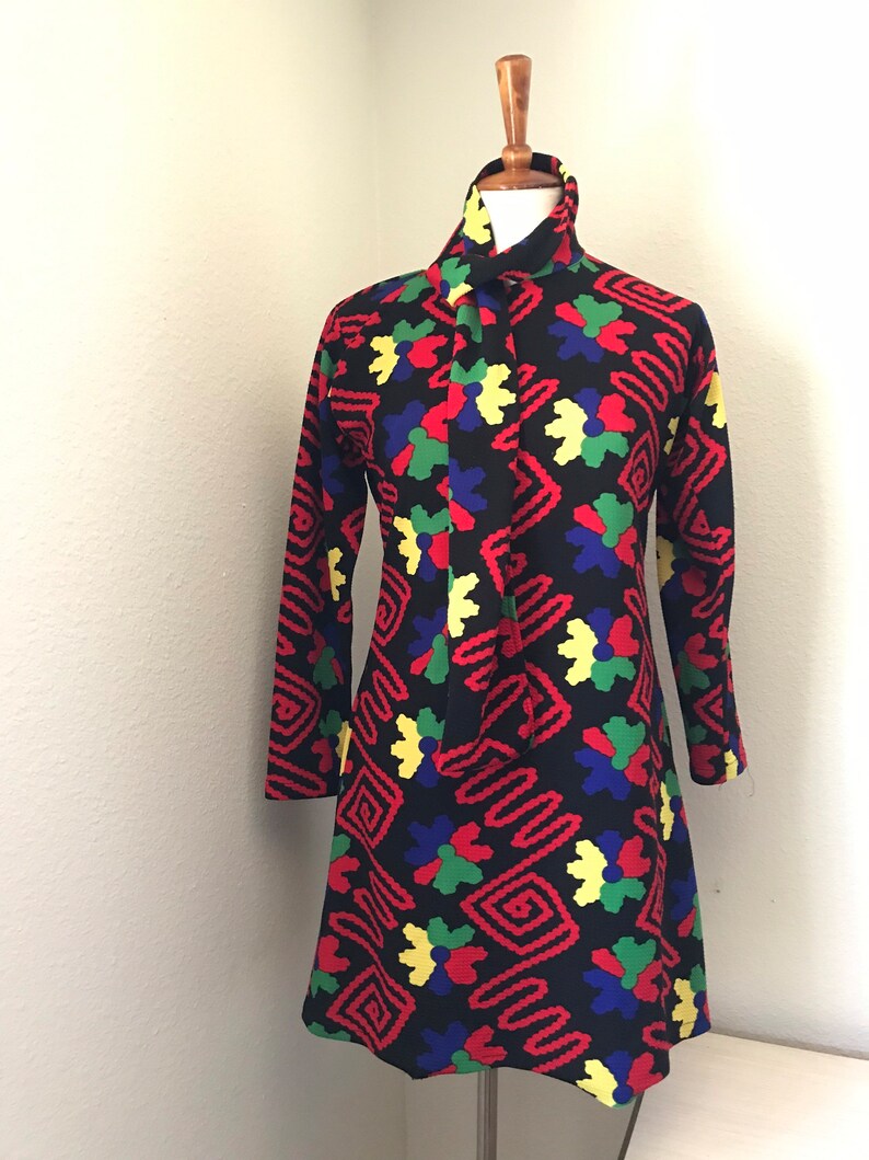 Vintage black neon squiggly babydoll long sleeve dress with ascot size small image 5