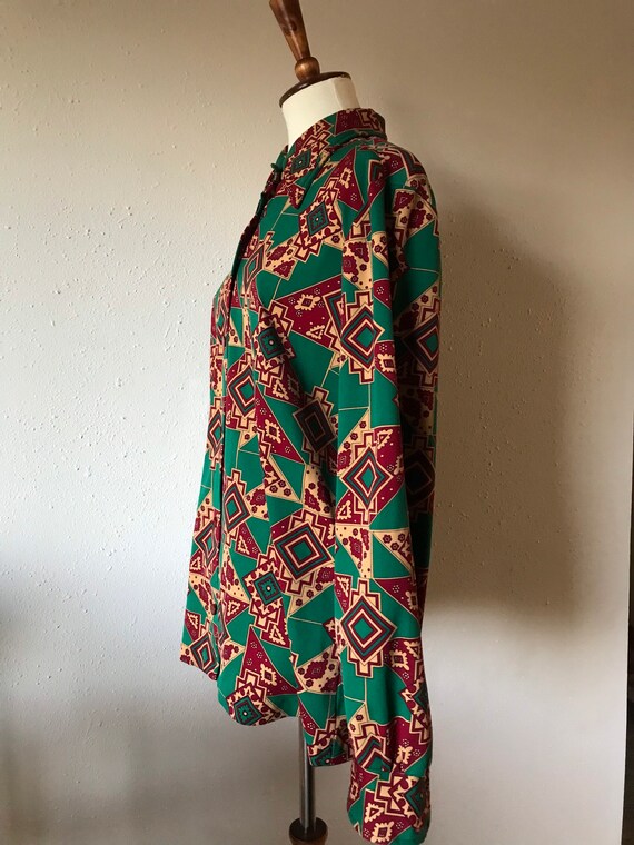 Vintage 70s groovy green patterned polyester long… - image 2