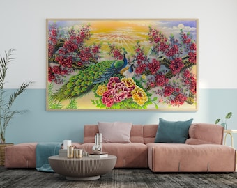 宝石細工 孔雀 アート作品 木製フレーム 宝石細工 孔雀 アート作品