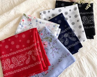 Paisley Cotton Linen Scarf, Vintage Square Bandana, Retro Hair Wrap, Boho Headscarf, Neckerchief Scarf, Summer Hair Accessory