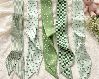 Bufanda estrecha con estampado floral verde, cinta para el cabello estilo boho, coletero, diadema con tacto sedoso, envoltura para el asa del bolso, bufanda de verano para el cuello