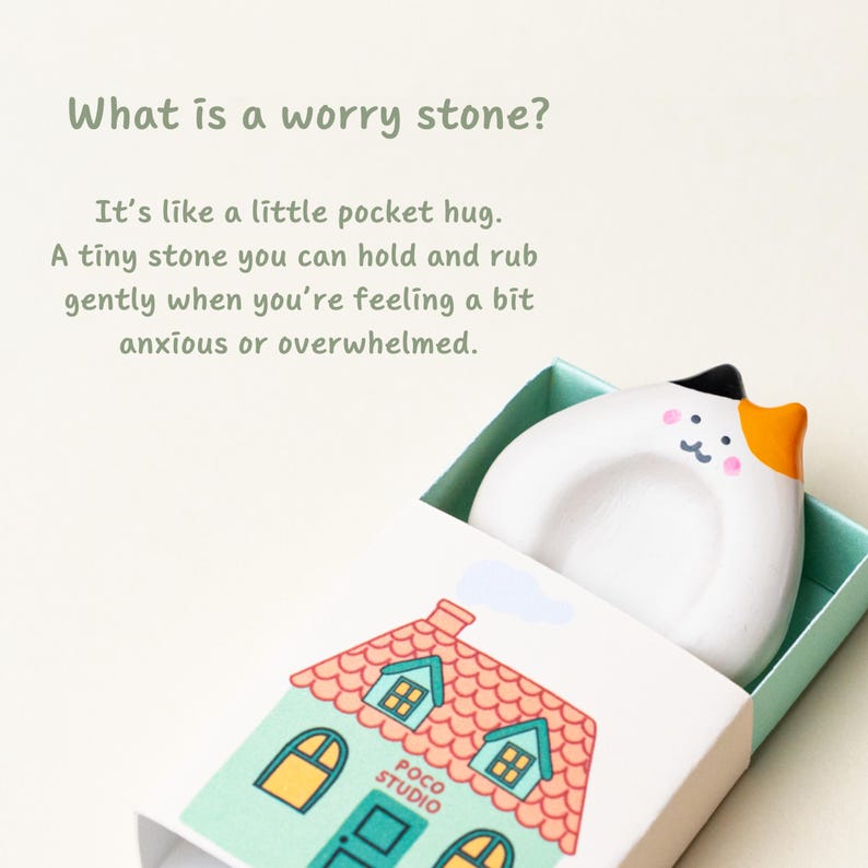 Calico cat worry stone, cute anti anxiety fidget toys, stress relief gift for her, thumb buddy, pocket hug stim toy for neurodivergent gift, cat lover gift set, what is a worry stone, finger fidgets
