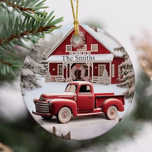 Red Barn Red Truck Christmas, House Personalized Ceramic Ornament, Truck Family Ornament, Gift For Family, Christmas Gift