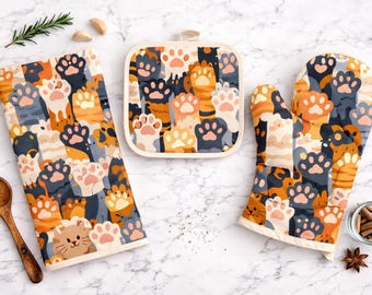 Cat Kitchen Kitchen Towel, Mitt & Pot Holder Set Cute Cat Paw Print Decor, Cat Lover Gift, Housewarming Gift, Funny Kitchen Gift for Cat Mom