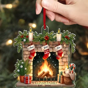 Custom Christmas Ornament Acrylic, Family Christmas Ornament, Fireplace Ornament, Family Stocking Gift, Christmas Stocking Ornament Keepsake