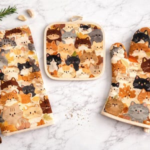 Set composto da strofinaccio e presina da cucina con stampa di gatti, grazioso e autunnale, ideale come regalo per amanti dei gatti, decorazione autunnale per la cucina o come regalo di inaugurazione della casa per chi ama i gatti.