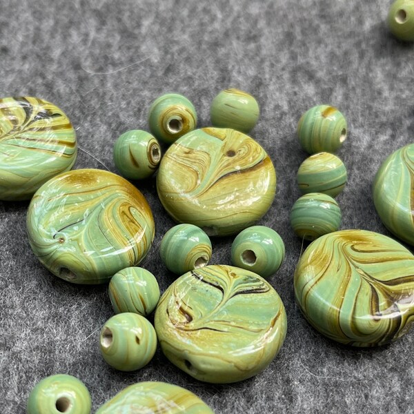 Matcha-Mocha Swirl Lampwork Beads- olive green + brown ten 20mm coins & twenty 8mm round lampwork glass bead set- jewelry and craft supplies