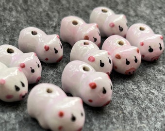 10 Lucky Pig Ceramic Beads - Pink Pig with Clover Leaf - Painted Beads  - DIY Jewelry Making and Craft Supply