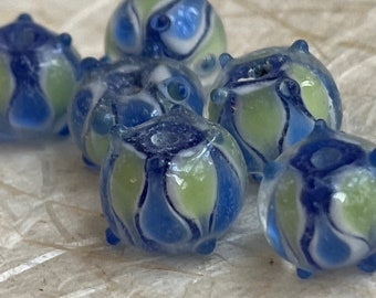 Blue + Green Harlequin Lampwork Beads- 12x8mm sapphire + peridot flattened round lampwork glass beads with raised dots
